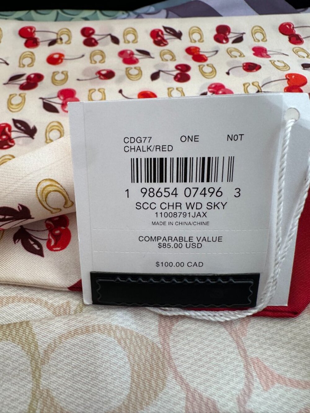 NWT! Coach CDG77 Sculpted C Cherries Print Silk Wide Skinny Scarf In Chalk Red - Picture 8 of 8